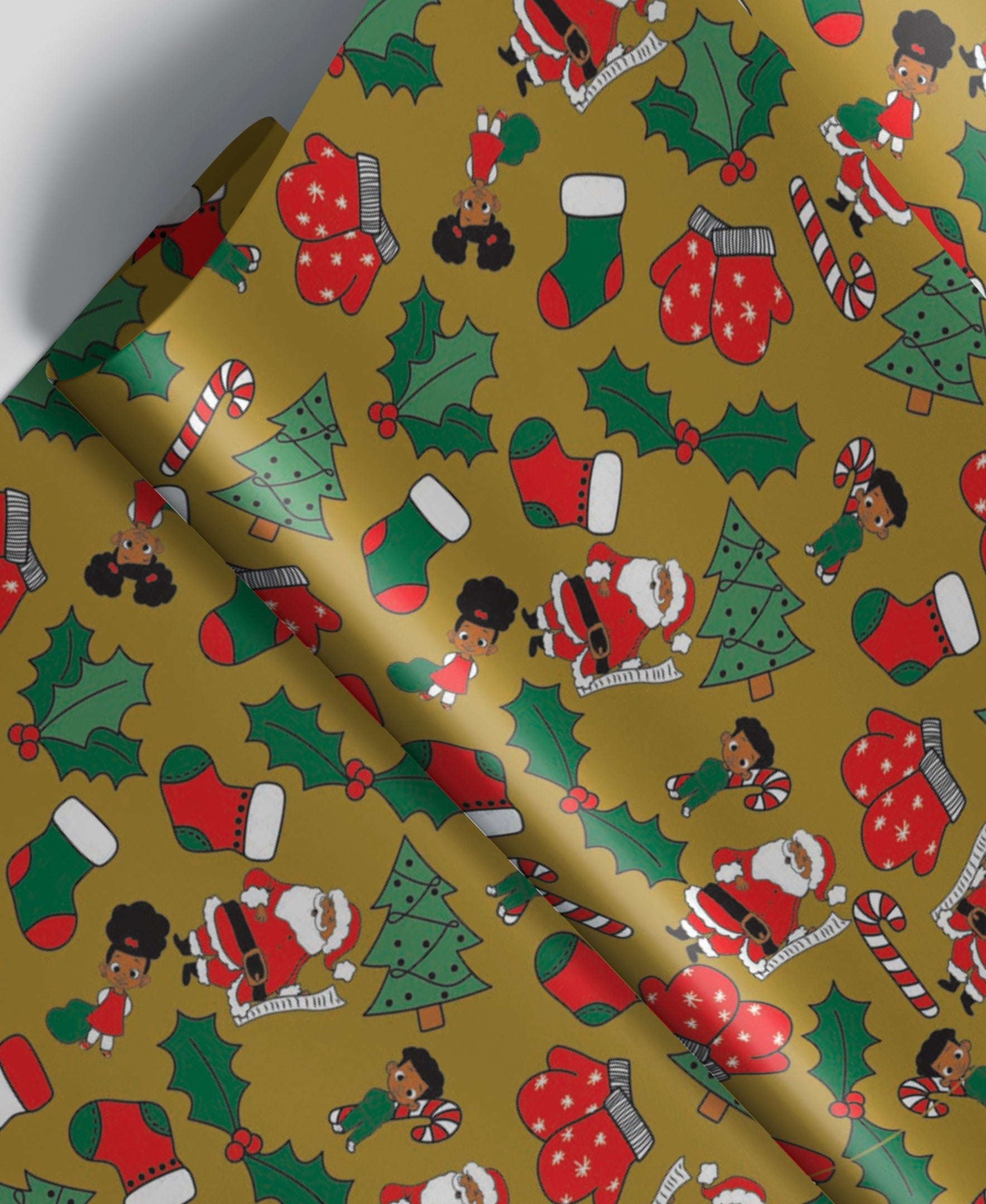 Wrap- Santa and Kids Gold Foil Gift Wrap