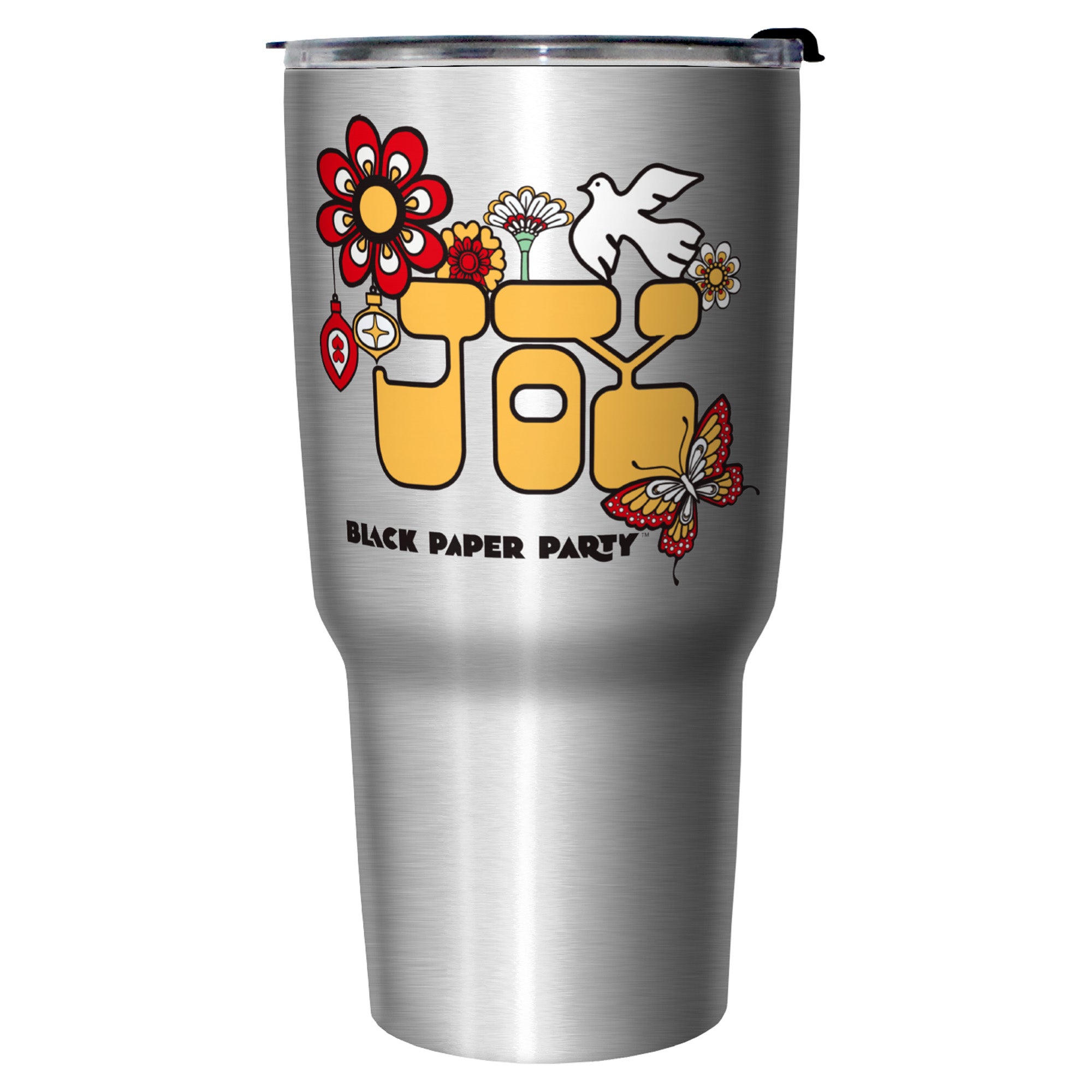 27 oz Stainless Steel Travel Mug Black Paper Party Joy Butterfly Dove