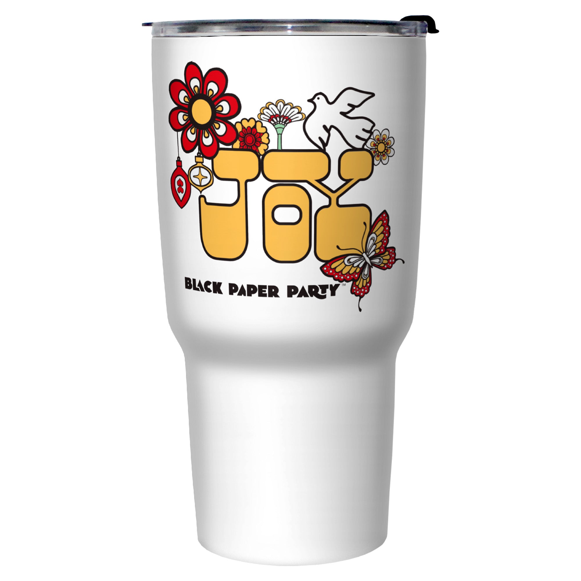 27 oz Stainless Steel Travel Mug Black Paper Party Joy Butterfly Dove
