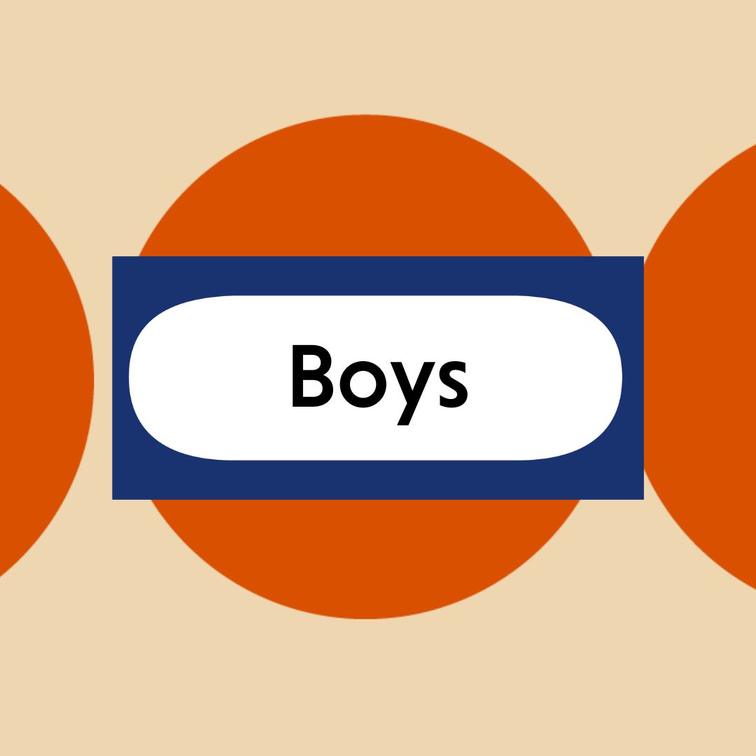 The word 'Boy's' featured in a white oval on a navy rectangle, set against a backdrop of overlapping orange circles on a beige background