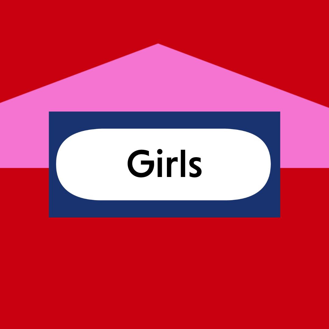 The word 'Girl's' in a white oval centered within a dark blue rectangle, placed over a pink triangle against a red background