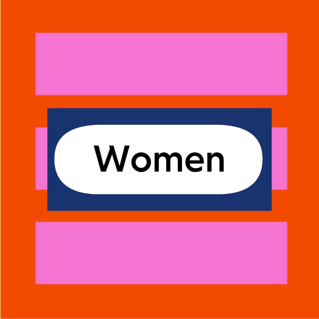 Graphic design with the word 'Women' centered in a white oval on a blue rectangle, framed by two purple rectangles on an orange background