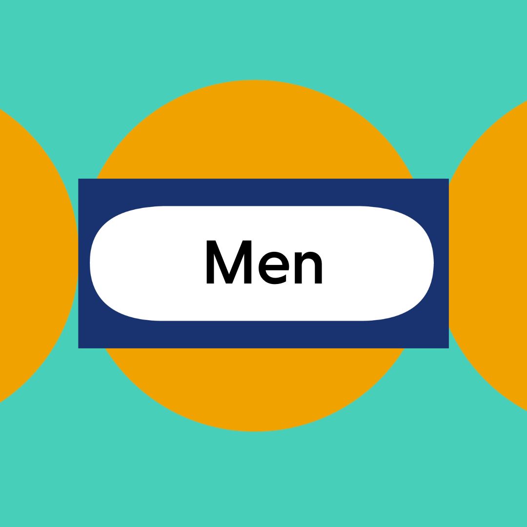 Simple graphic with 'Men's' written in a white oval on a dark blue rectangle, between two overlapping orange circles on a teal background.