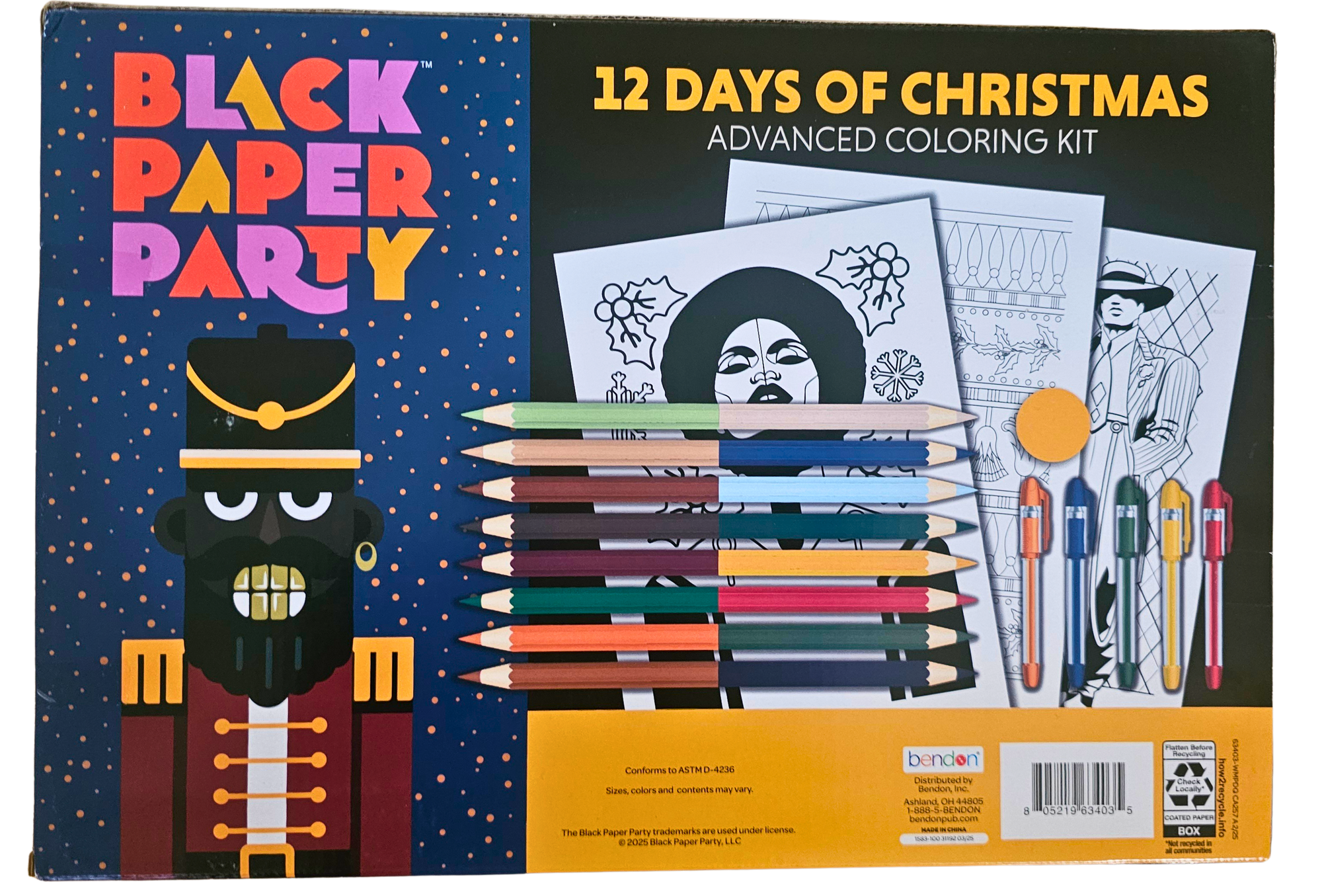 Box for 'Black Paper Party' 12 Days of Christmas coloring kit with colored pencils and coloring sheets.
