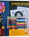 Box for 'Black Paper Party' 12 Days of Christmas coloring kit with colored pencils and coloring sheets.