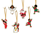 6 ornament fronts featuring a black couple with a snowman, a black women in a red dress holding a mistletoe, a young black boy smiling and wearing a red coat and ice skates, a black angel in a white dress and wings, a black santa clause, and a young black girl smiling and wearing a green coat with ice skates. All ornaments have ribbon for hanging