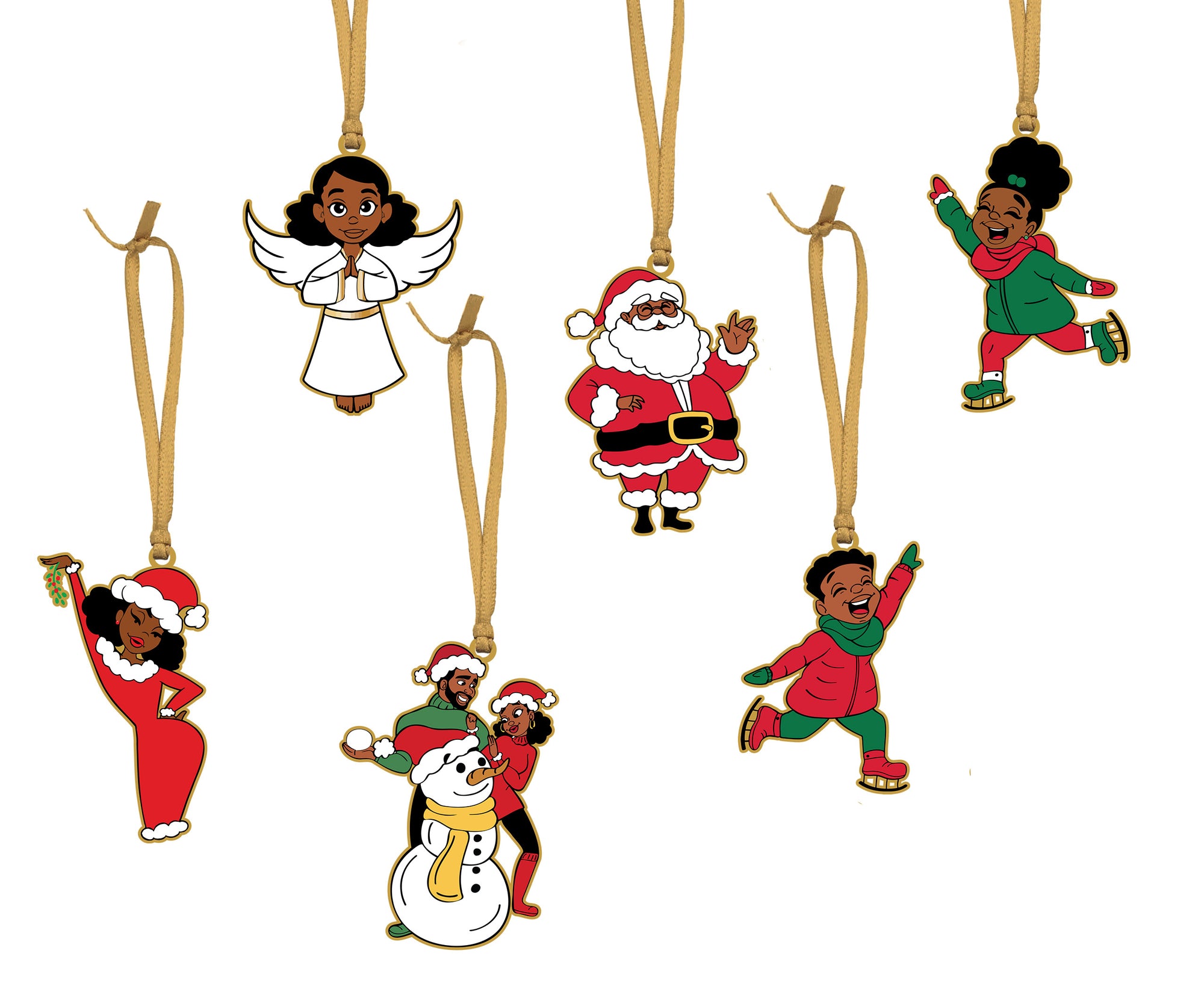 6 ornament fronts featuring a black couple with a snowman, a black women in a red dress holding a mistletoe, a young black boy smiling and wearing a red coat and ice skates, a black angel in a white dress and wings, a black santa clause, and a young black girl smiling and wearing a green coat with ice skates. All ornaments have ribbon for hanging