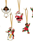 6 ornament fronts featuring a black couple with a snowman, a black women in a red dress holding a mistletoe, a young black boy smiling and wearing a red coat and ice skates, a black angel in a white dress and wings, a black santa clause, and a young black girl smiling and wearing a green coat with ice skates. All ornaments have ribbon for hanging