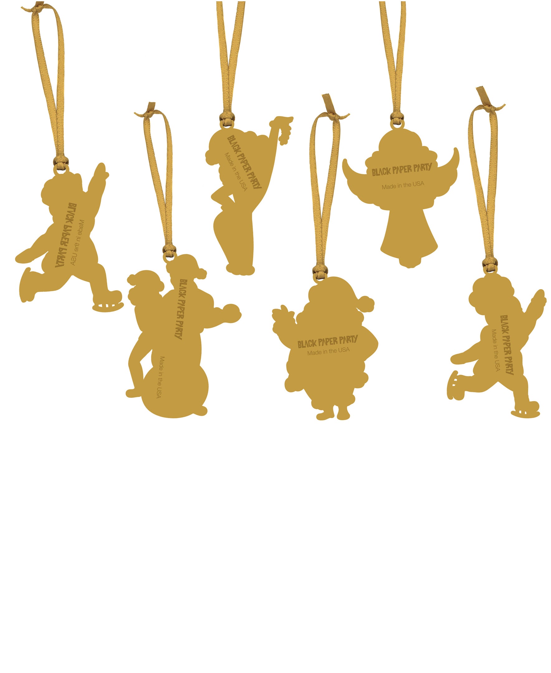 6 gold ornament back silhouettes. Each ornament has an attached ribbon for hanging