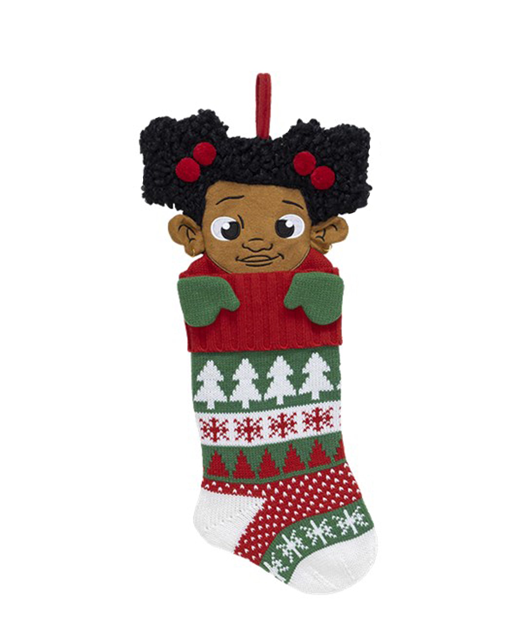 red, green and white Christmas themed matel stocking with a young black girl's face poking out. She's wearing afro puff pigtails