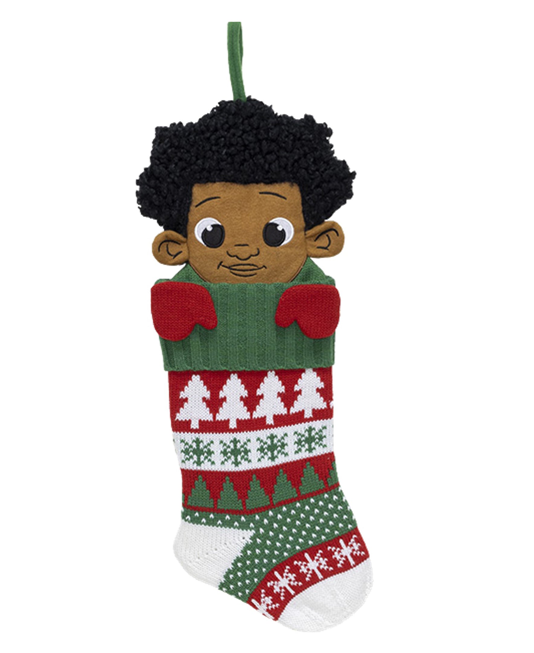 red, green and white Christmas themed matel stocking with a young black boy's face poking out. He has afro hair