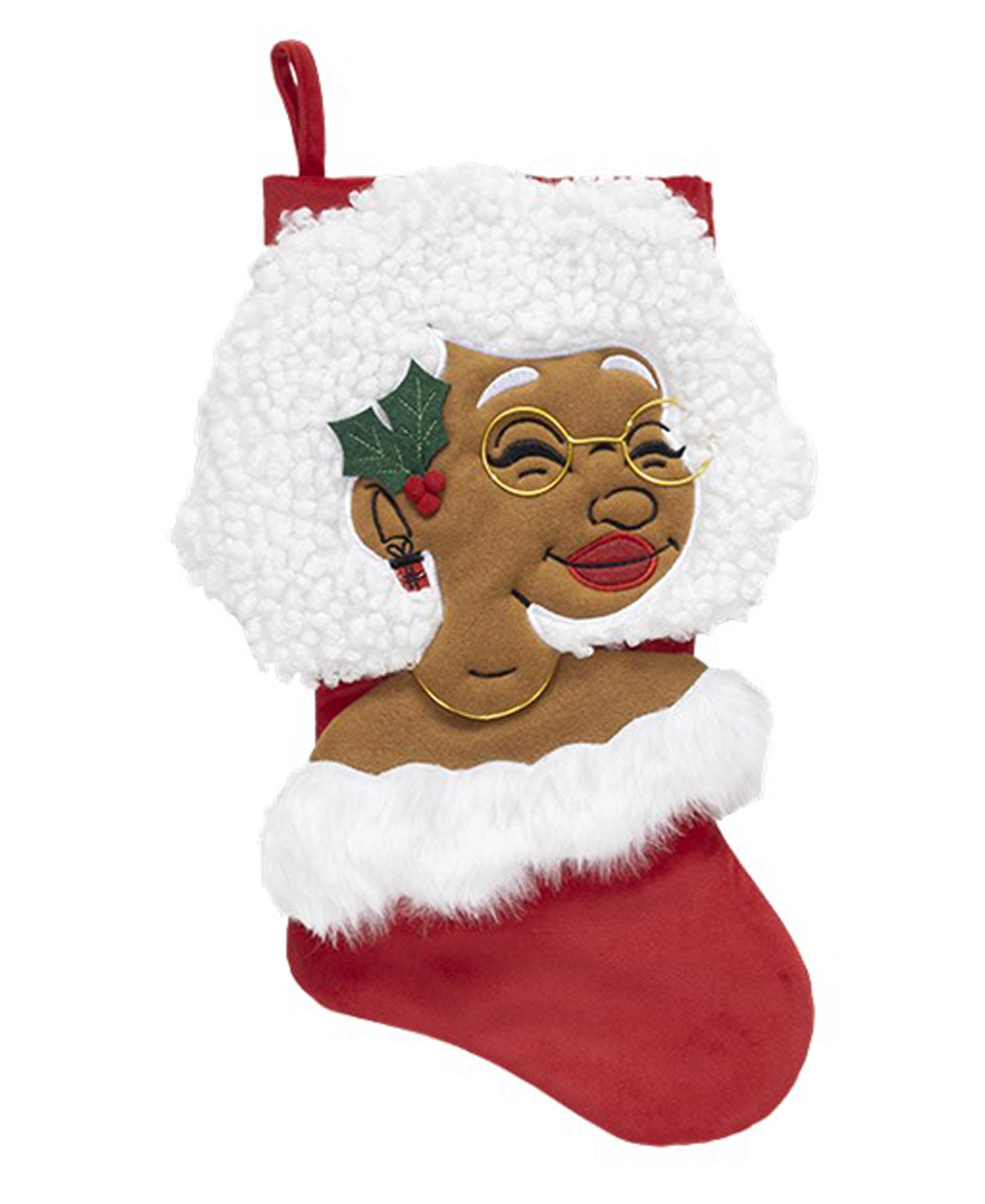 A Christmas stocking adorned with the head and shoulders of a black Mrs. Claus. She has red lipskick, gold glasses and necklabe, white afro hair, and a mistletoe behind her ear. 
