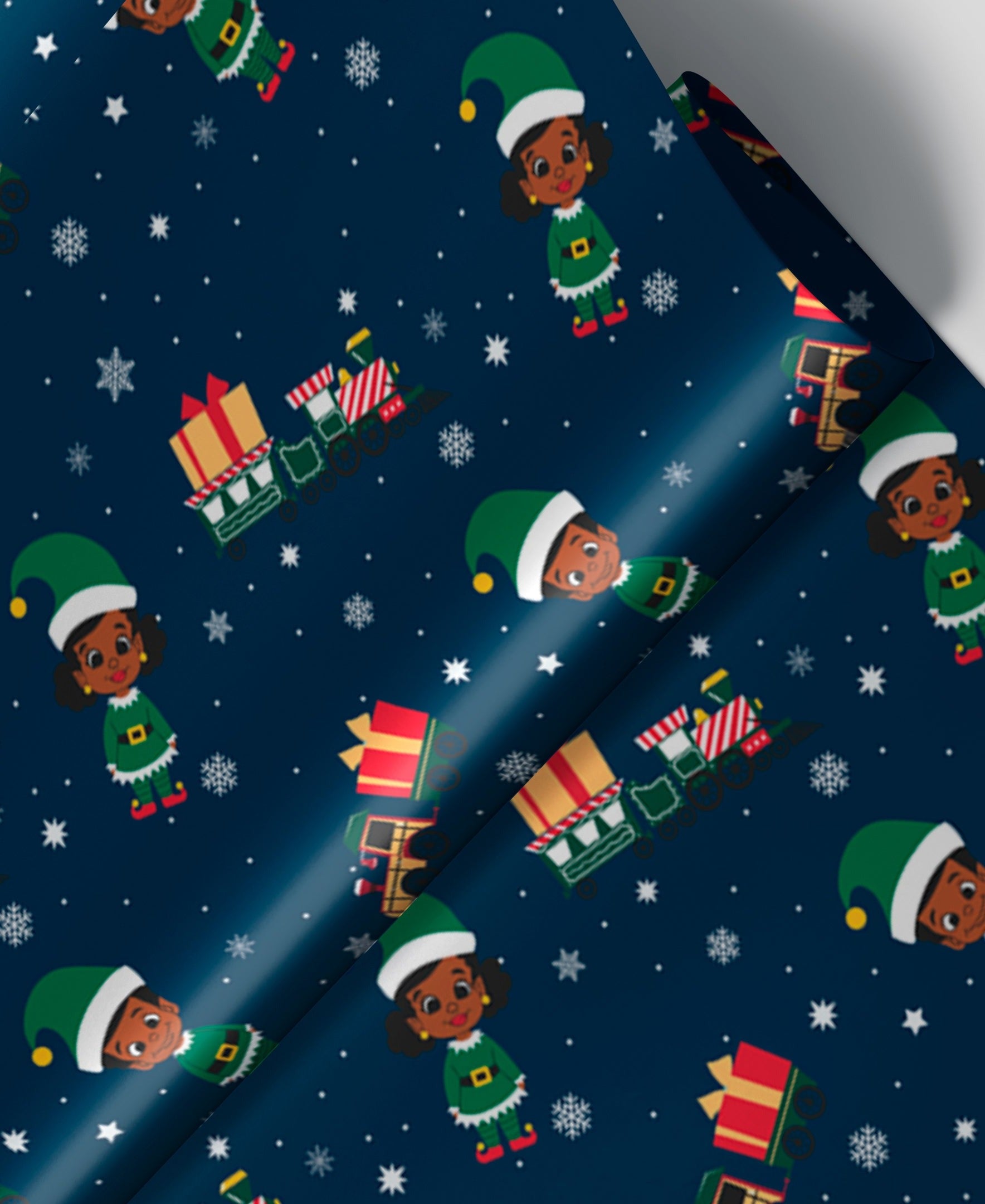 Wrap- Elves in Snow Navy Foil Gift Wrap