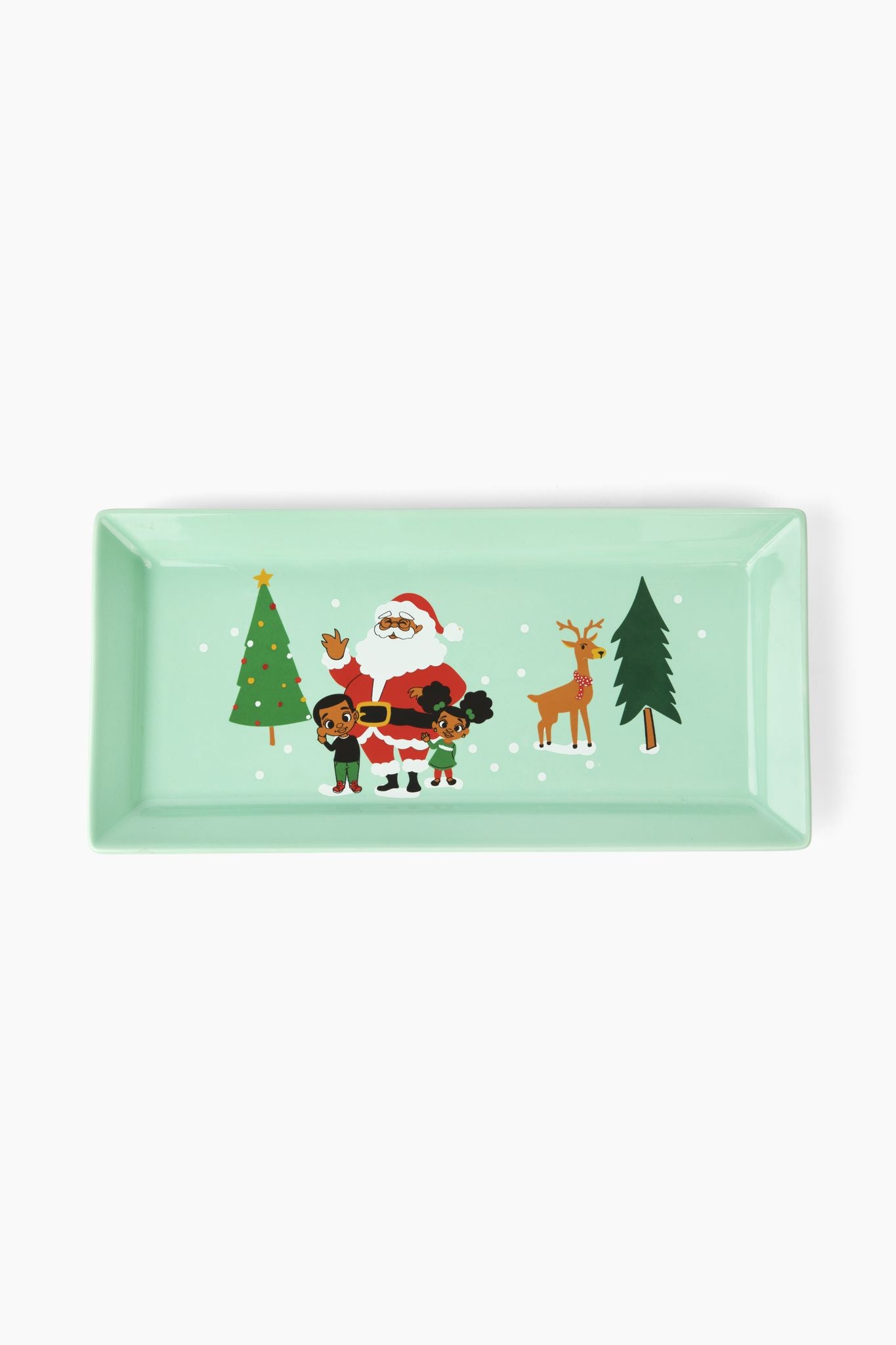 a teal ceramic serving track with black Santa and 2 black children in a Christmas and holiday snow scene