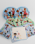 Set of children's plates and napkins with cartoon characters on a white background