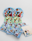 Set of children's party plates and napkins with cartoon characters on a white background