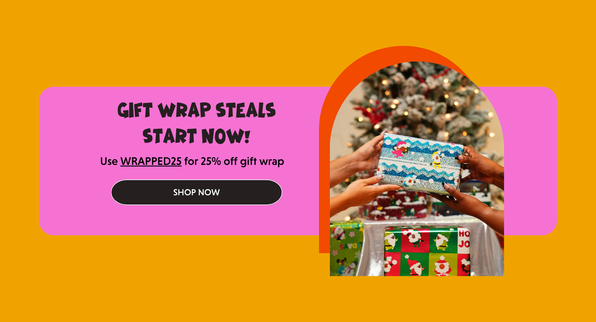 Close-up of hands holding colorful Black Paper Party gift wrap with the headline “Wrap It Early, Wrap It Right” and a promo for 25% off gift wrap using code WRAPPED25.
