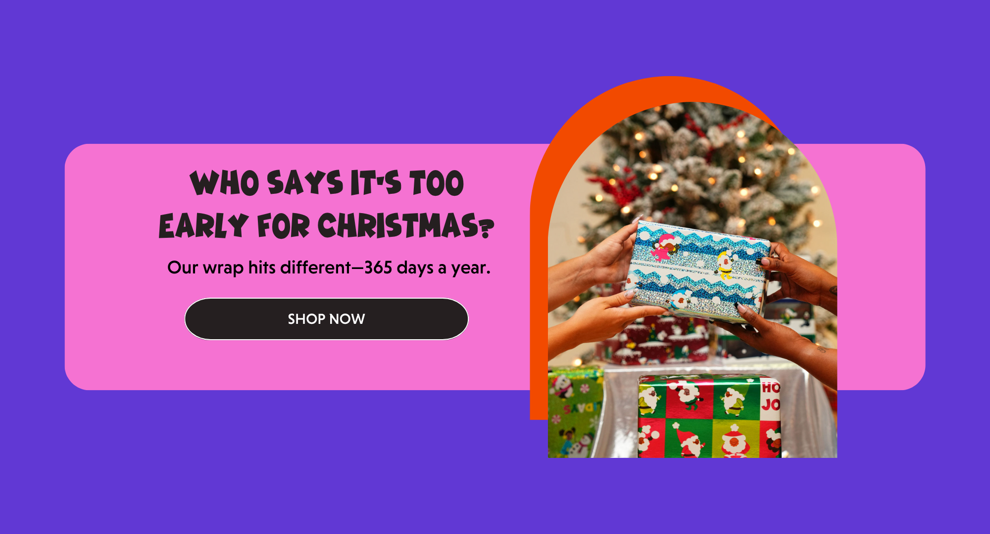 Promotional graphic for Christmas wrapping paper with text and a product image on a purple background.