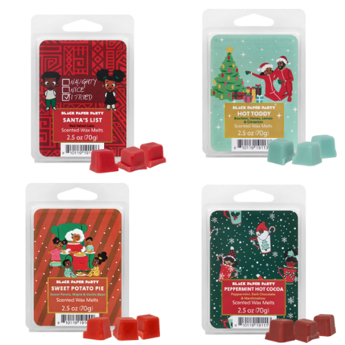 Four packages of scented wax melts with Christmas-themed designs and characters.