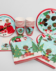 Christmas-themed paper plates, cups, and napkins with black characters on a white background.