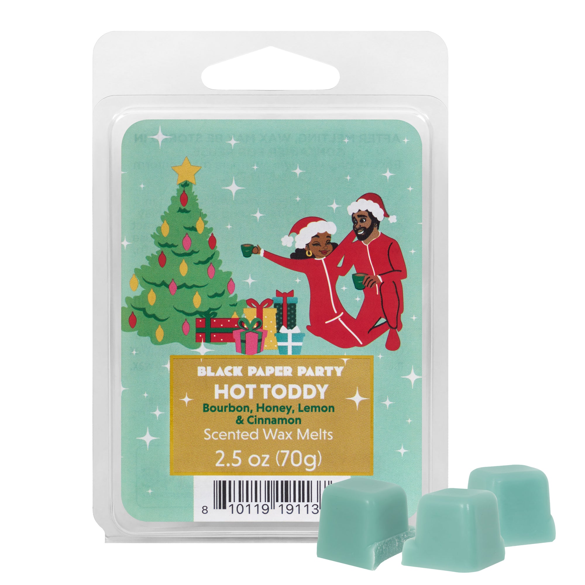 Scented wax melts packaging with Christmas-themed design and text.