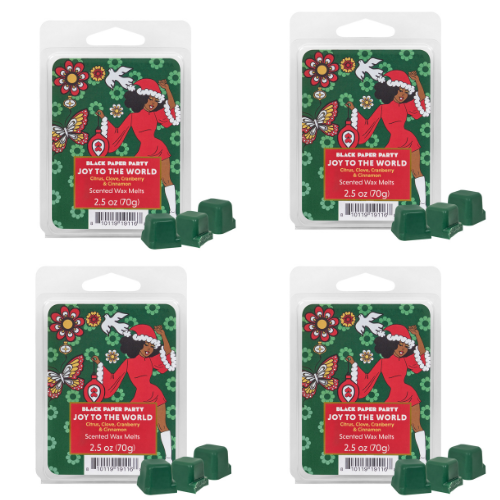 Four packages of 'Joy to the World' scented wax melts with decorative labels featuring a Black Panther character.