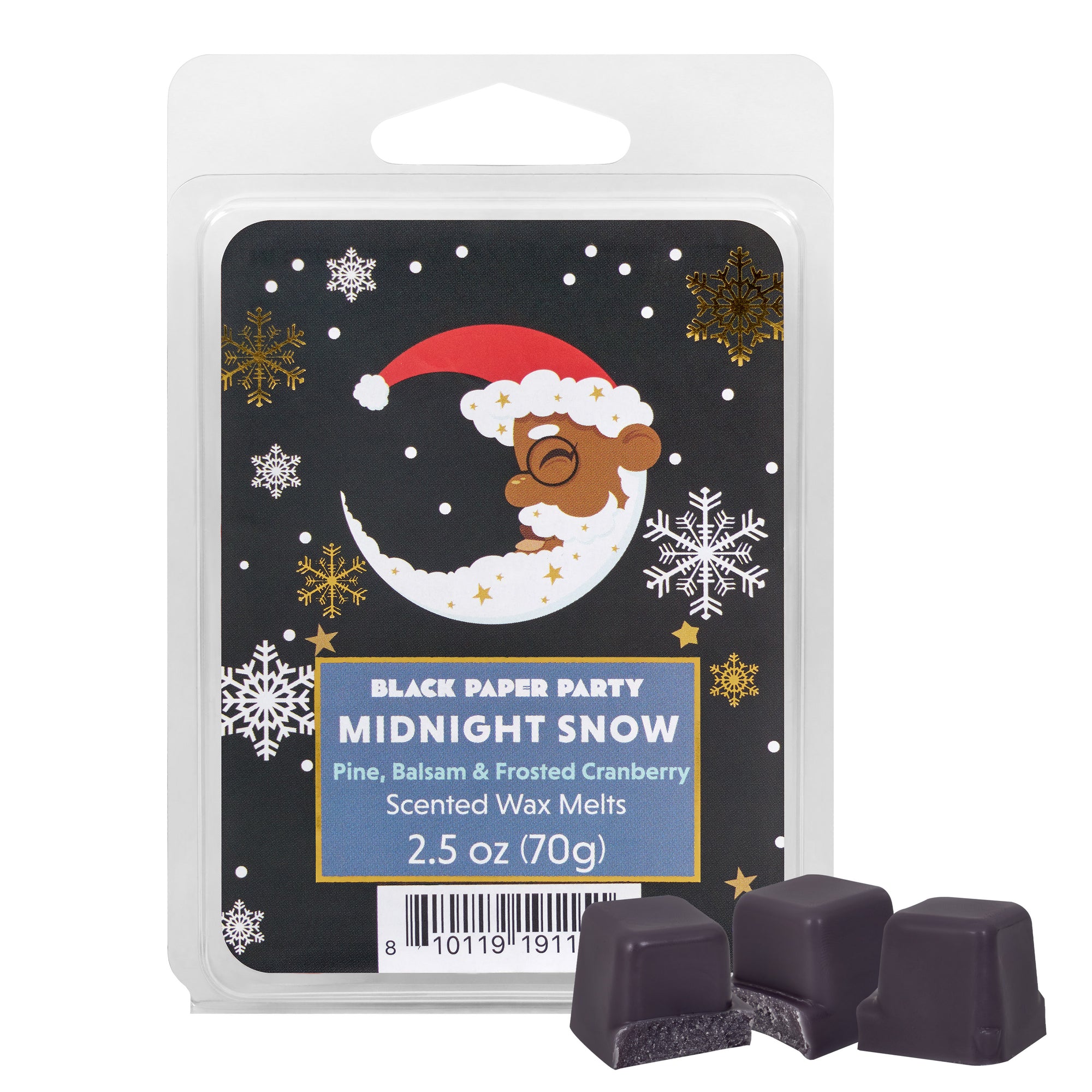 Scented wax melts packaging with a Christmas-themed label on a white background