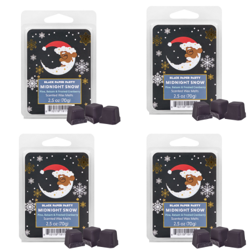 Four packages of Black Paper Party Midnight Snow scented wax melts on a white background