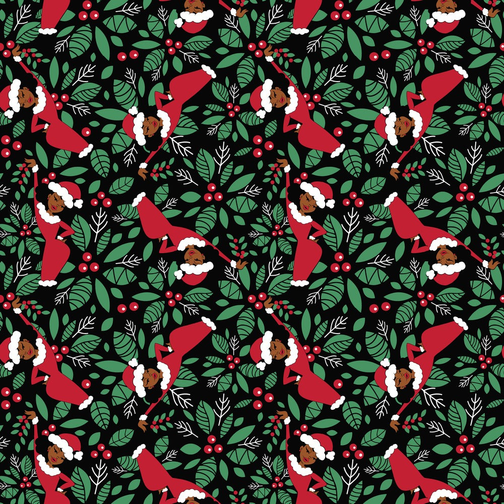 Aunt Holly Mistletoe African American Christmas gift wrap, flat print