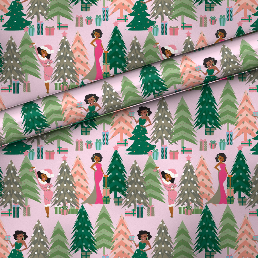 Aunt Holly Tree gift wrap, flat sheet with roll, matte finish