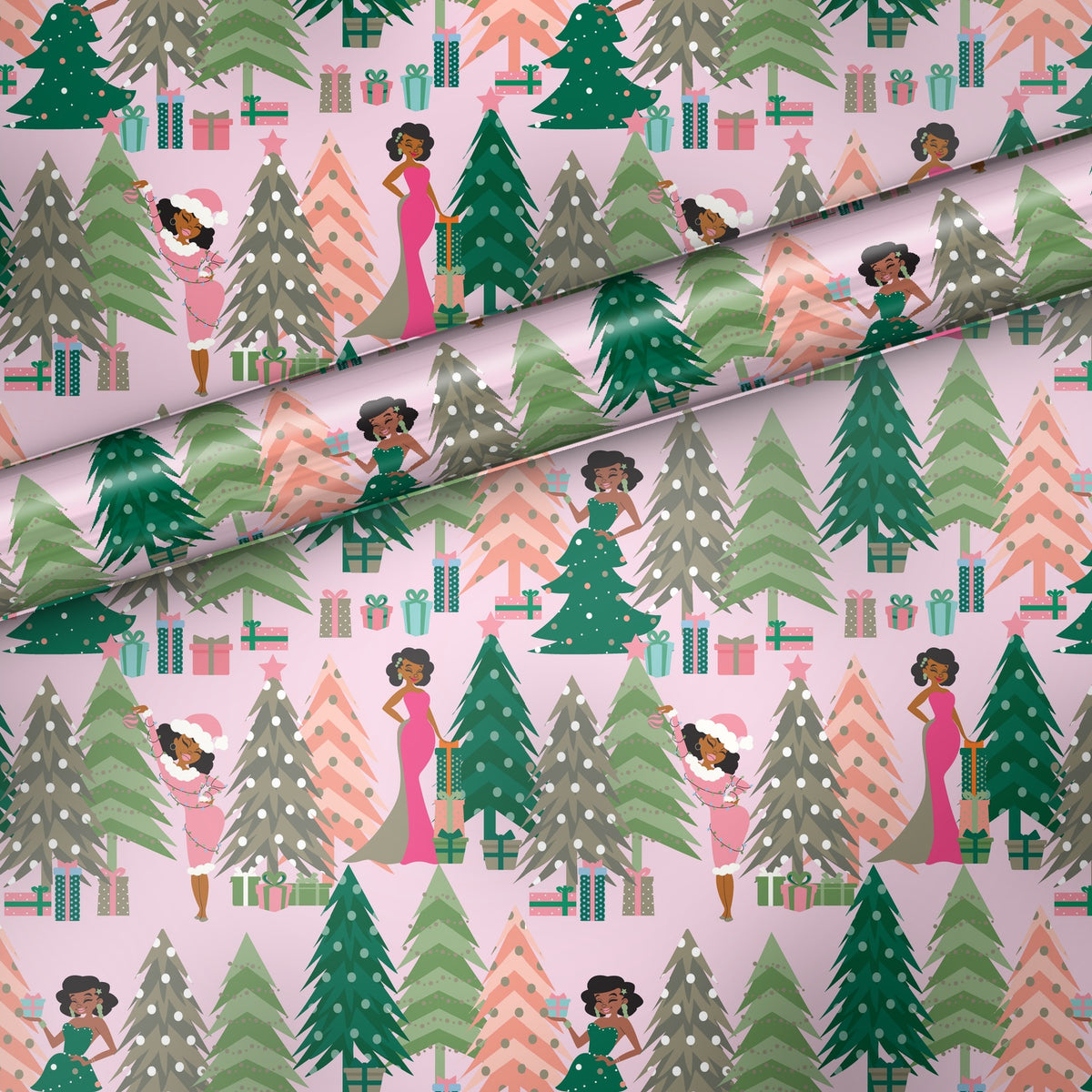 Aunt Holly Tree gift wrap, flat sheet with roll, satin finish
