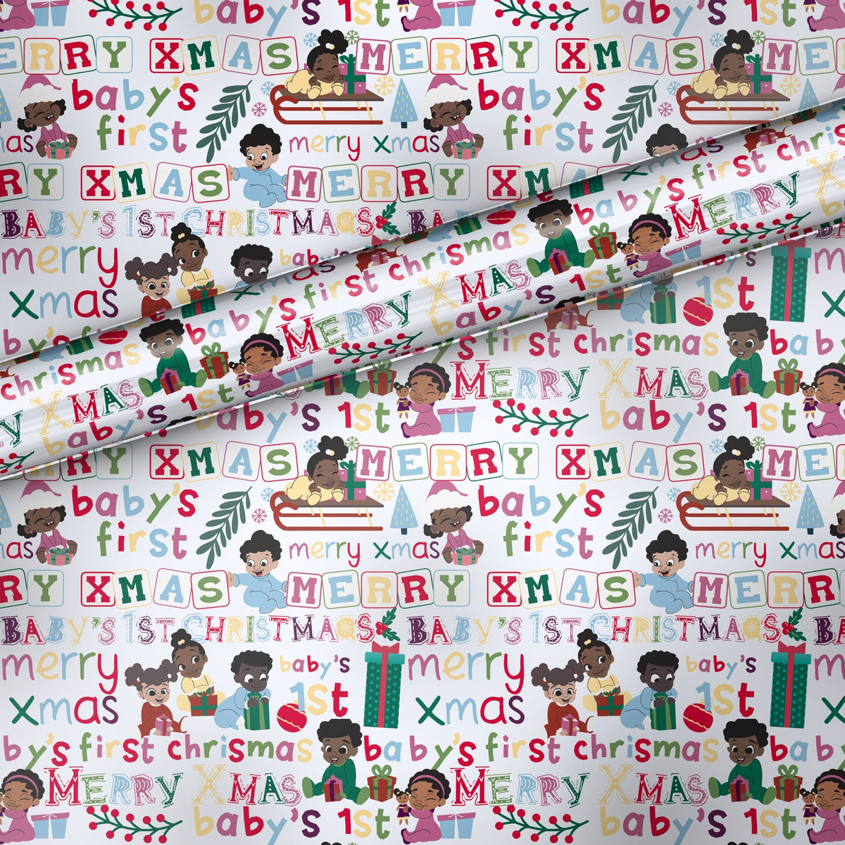 Baby's First Christmas gift wrap, flat sheet with roll, satin finish