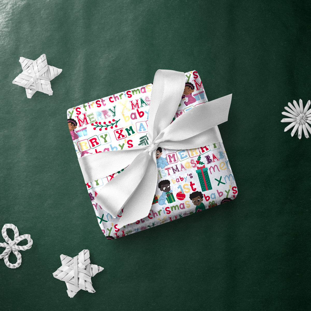 Gift box wrapped in Baby's First Christmas gift wrap with a white ribbon