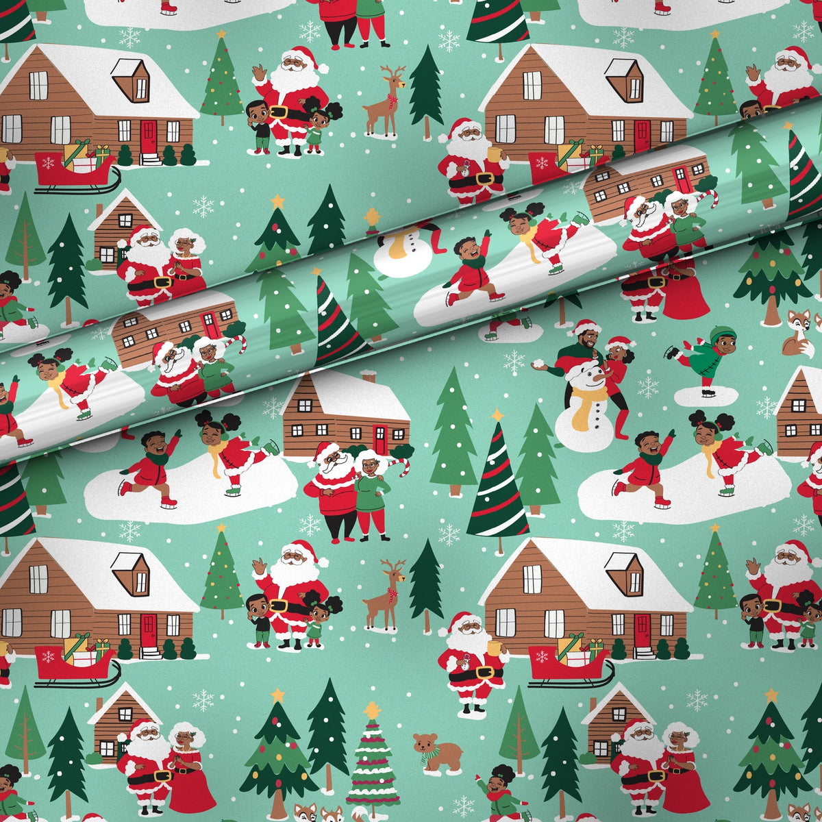 Family Winter Scene gift wrap, flat sheet with roll, matte finish
