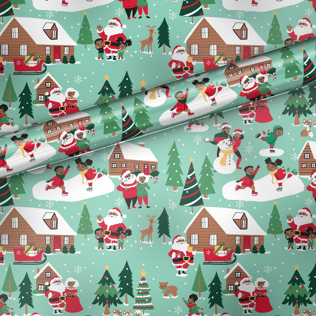 Family Winter Scene gift wrap, flat sheet with roll, satin finish