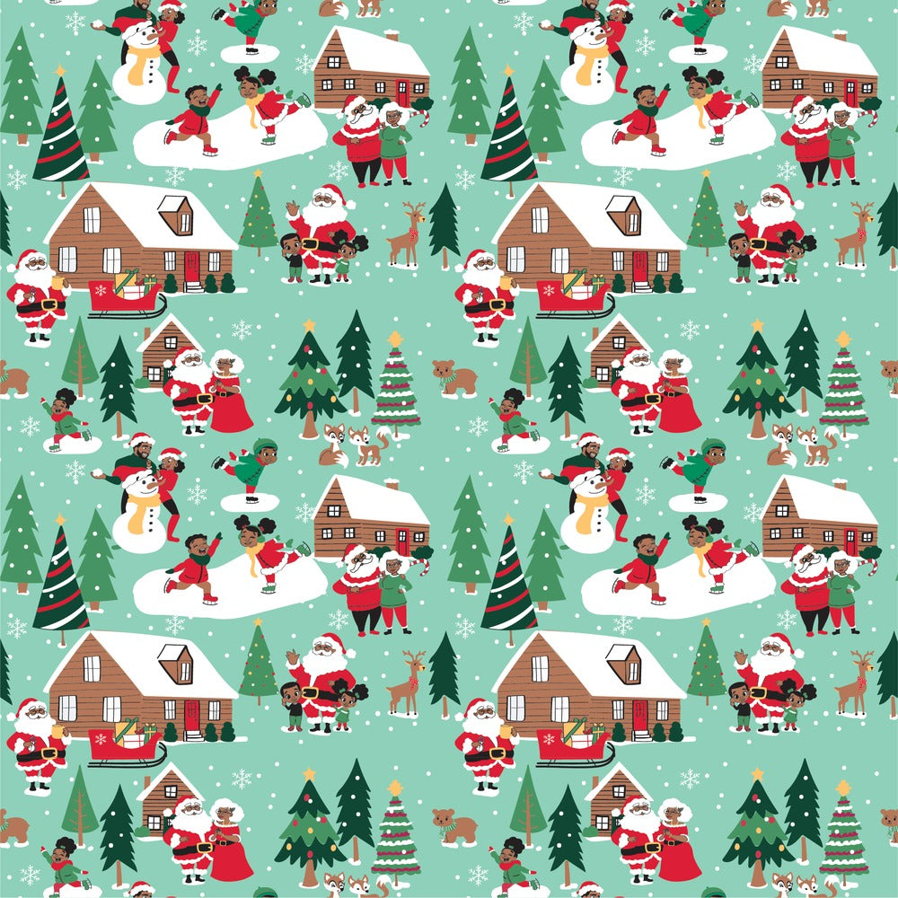 Family Winter Scene African American Christmas gift wrap, flat print