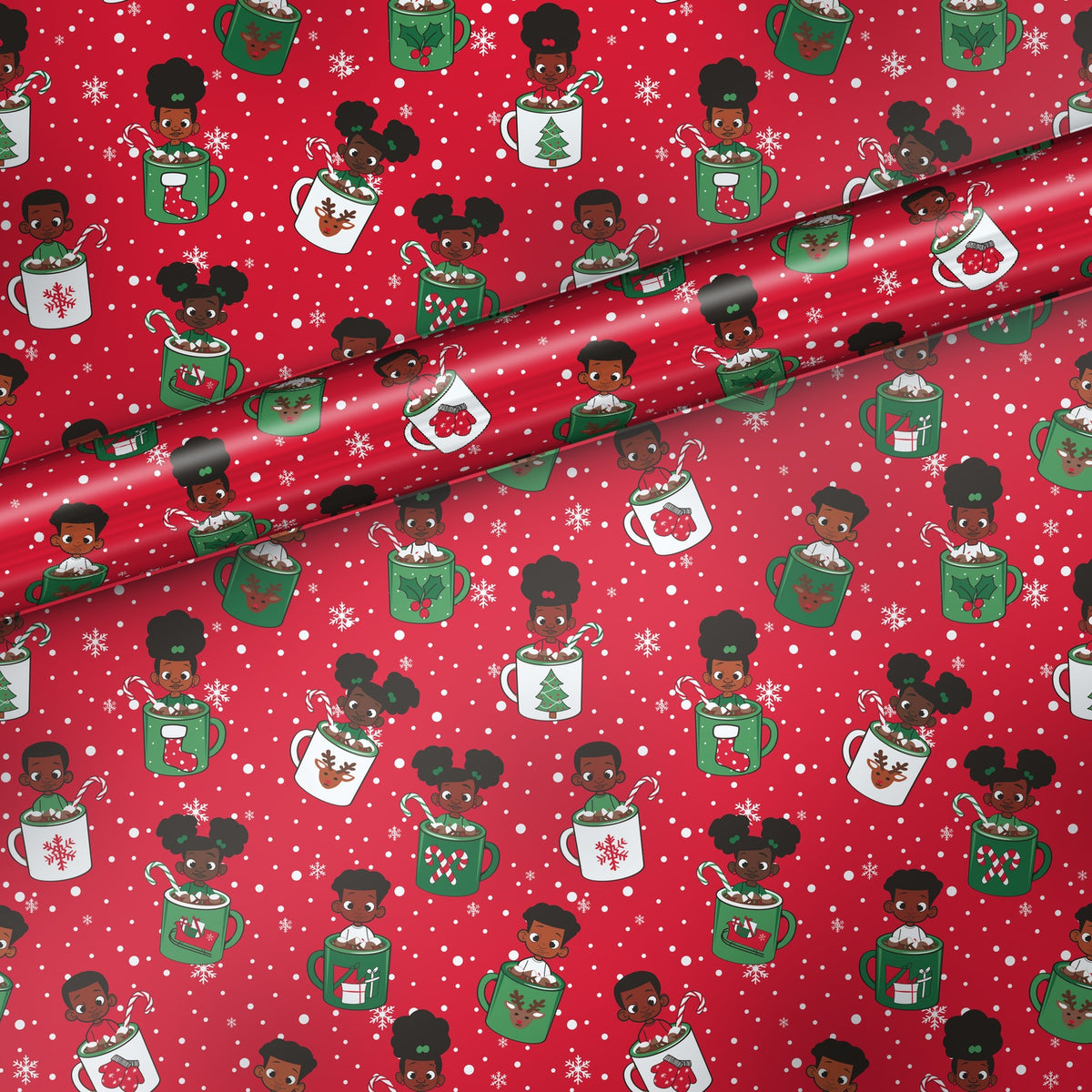 Kids in Mugs gift wrap, flat sheet with roll, satin finish