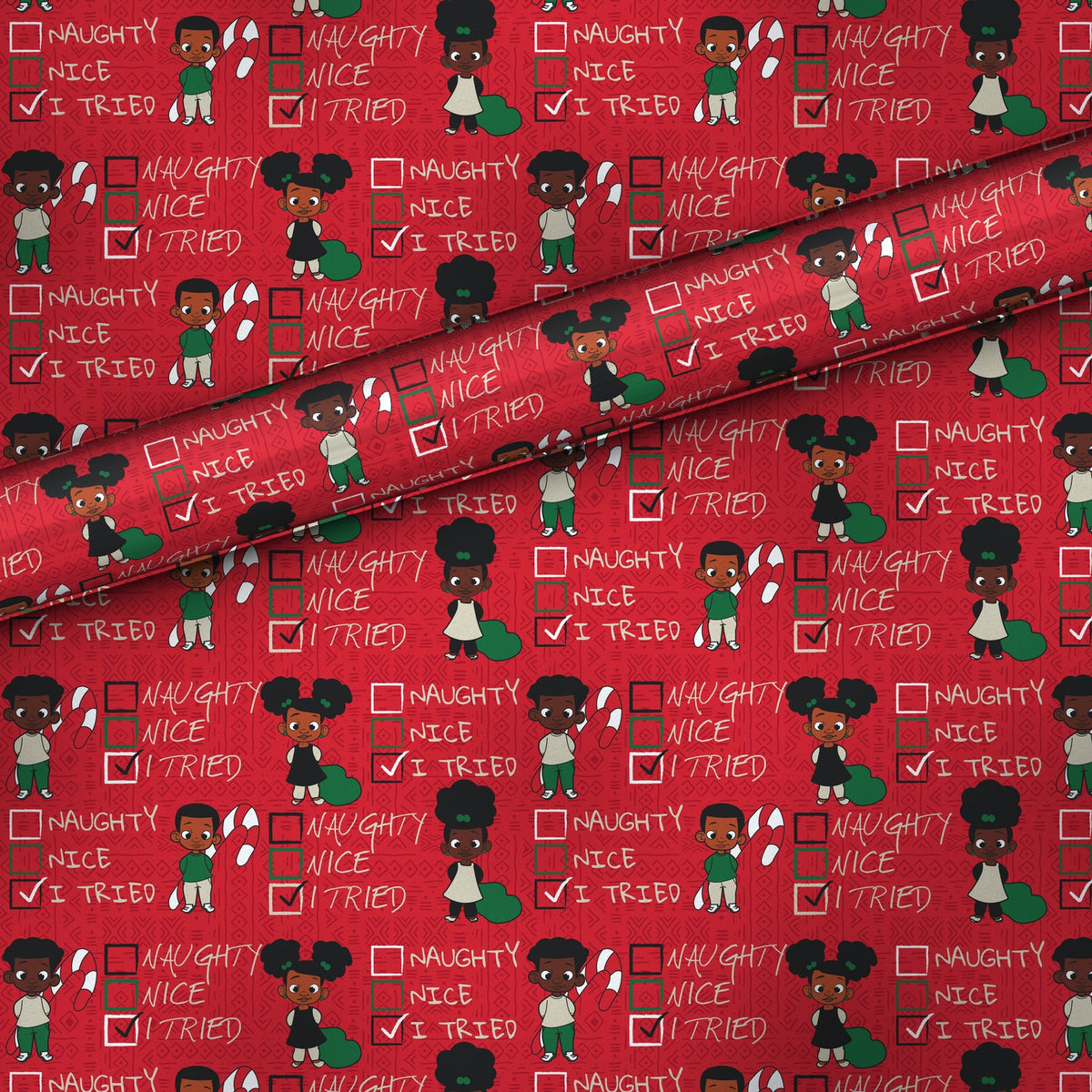 Naughty Nice I Tried gift wrap, flat sheet with roll, matte finish