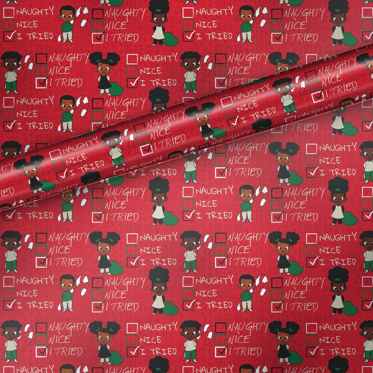 Naughty Nice I Tried gift wrap, flat sheet with roll, satin finish