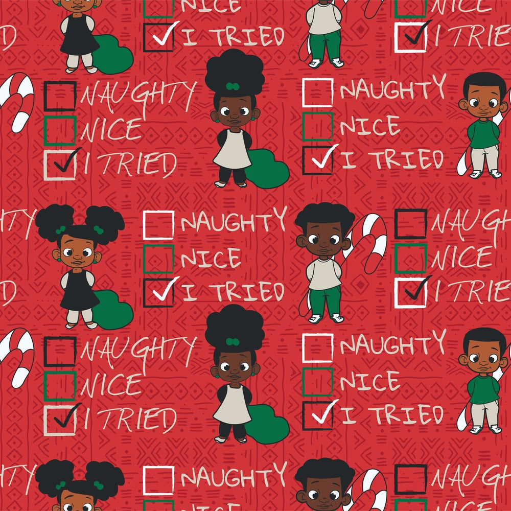Naughty Nice I Tried African American Christmas gift wrap, flat print