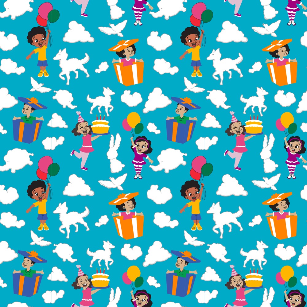 Cloud Celebration African American kids gift wrap, flat print