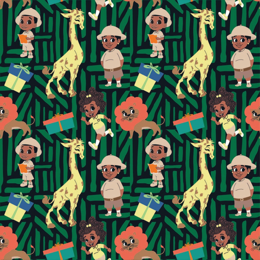 Giraffe Safari Party African American kids gift wrap, flat print