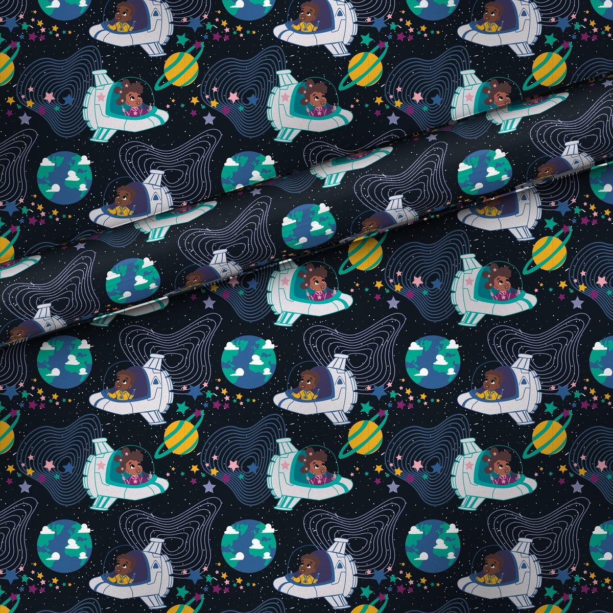 Kids in Spaceships gift wrap, flat sheet with roll, matte finish