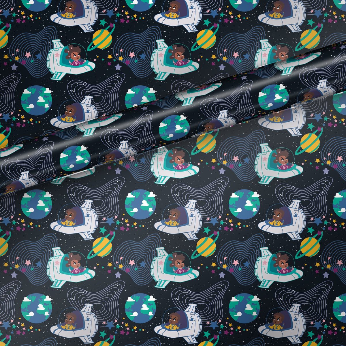 Kids in Spaceships gift wrap, flat sheet with roll, satin finish