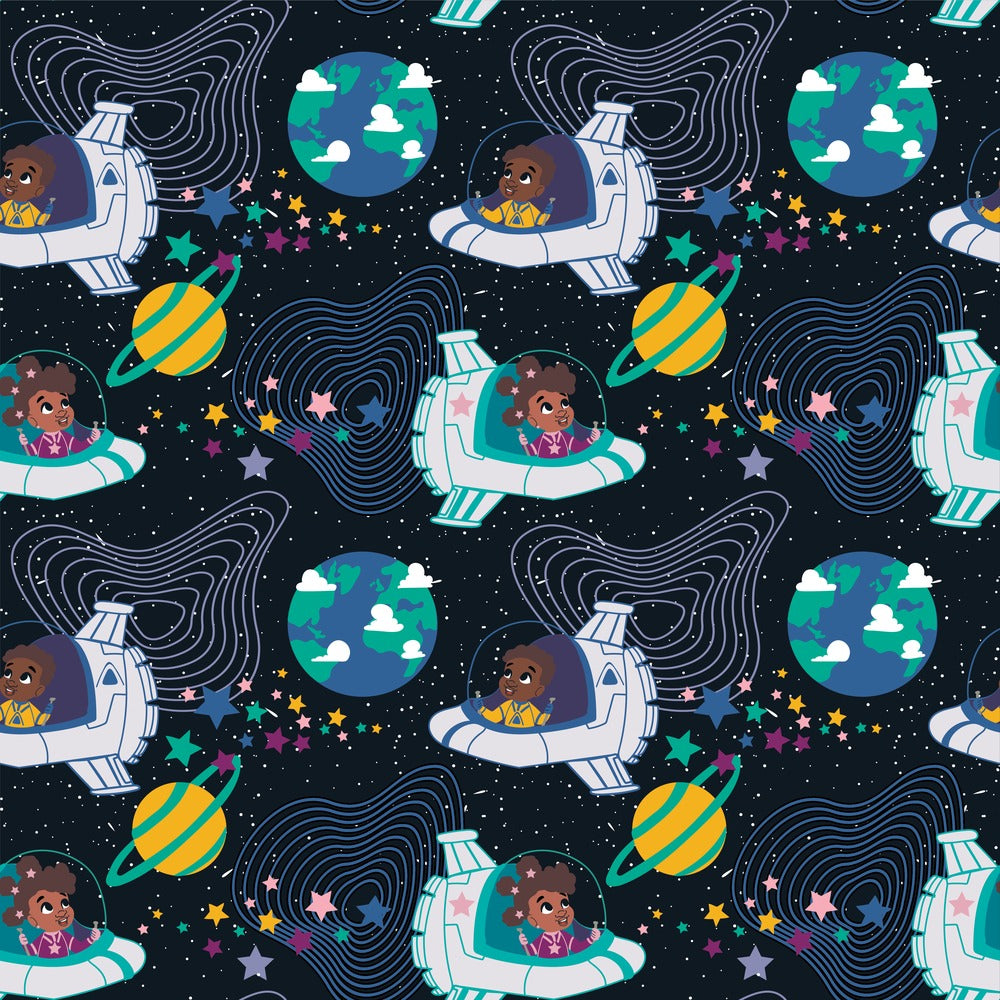 Kids in Spaceships African American kids gift wrap, flat print