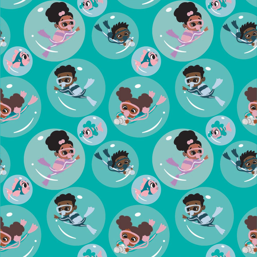 Scuba Explorers African American kids gift wrap, flat print
