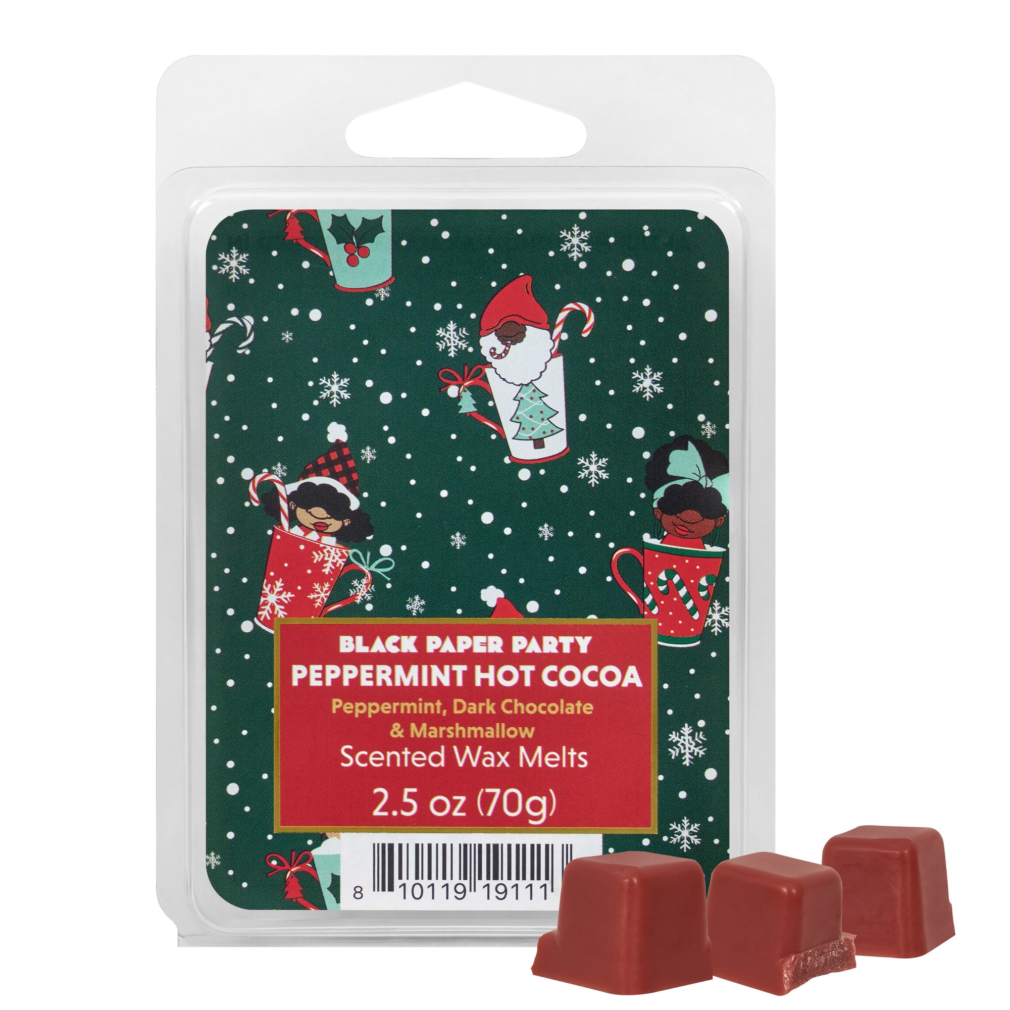 Packaged peppermint hot cocoa scented wax melts with festive design on label