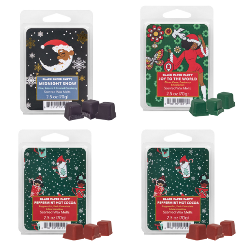 Four packages of Black Paper Party scented wax melts with different designs and scents.