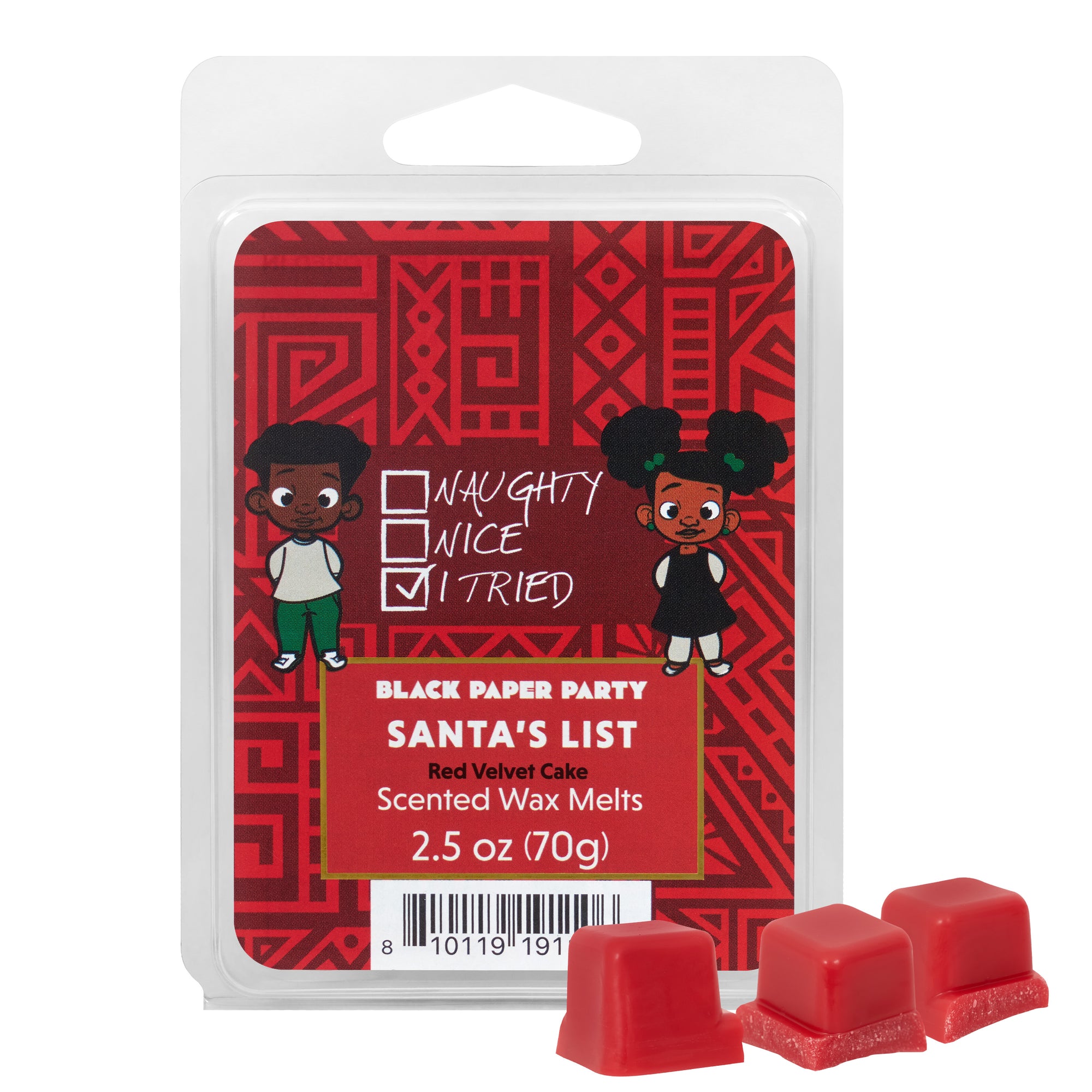 Scented wax melts packaging with red design and characters on a white background