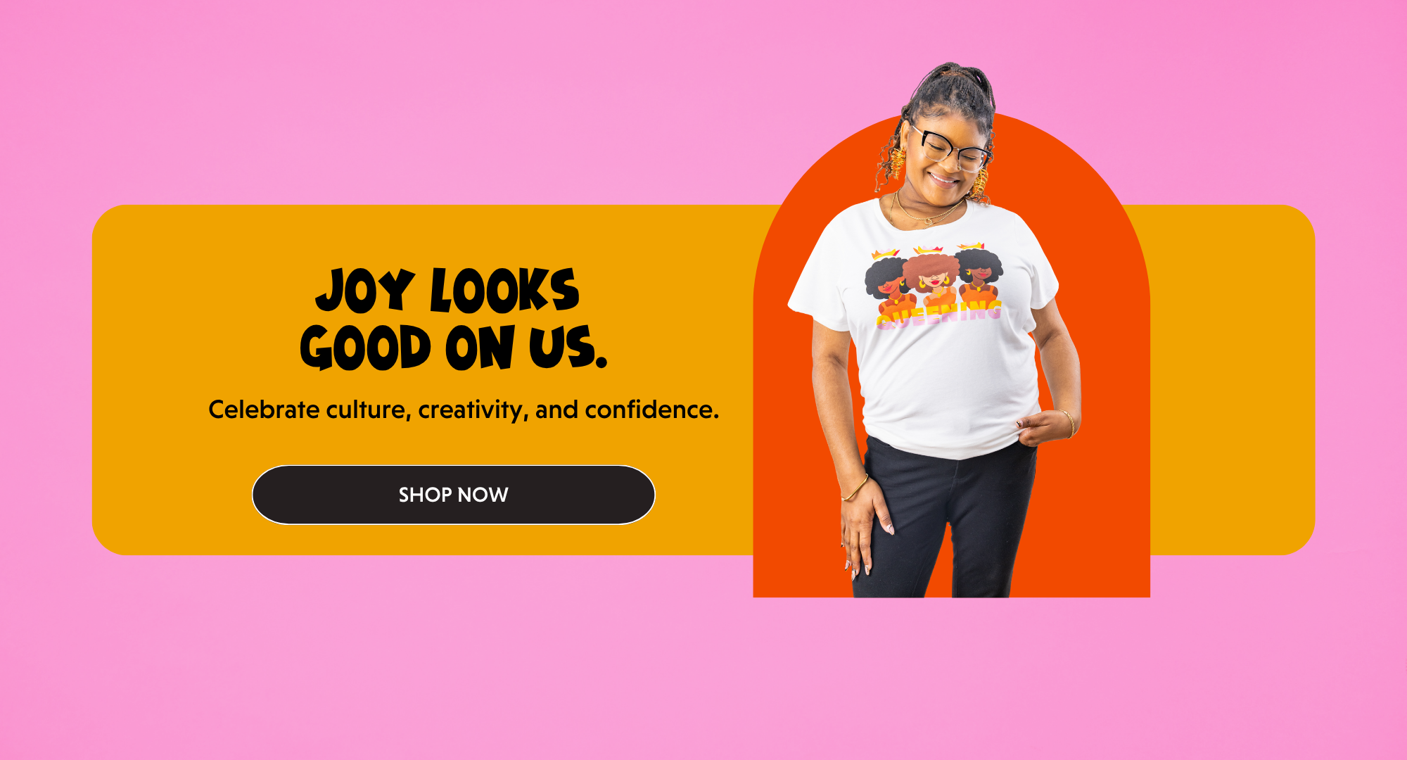 Person wearing a white t-shirt with graphic design on a pink background with promotional text.